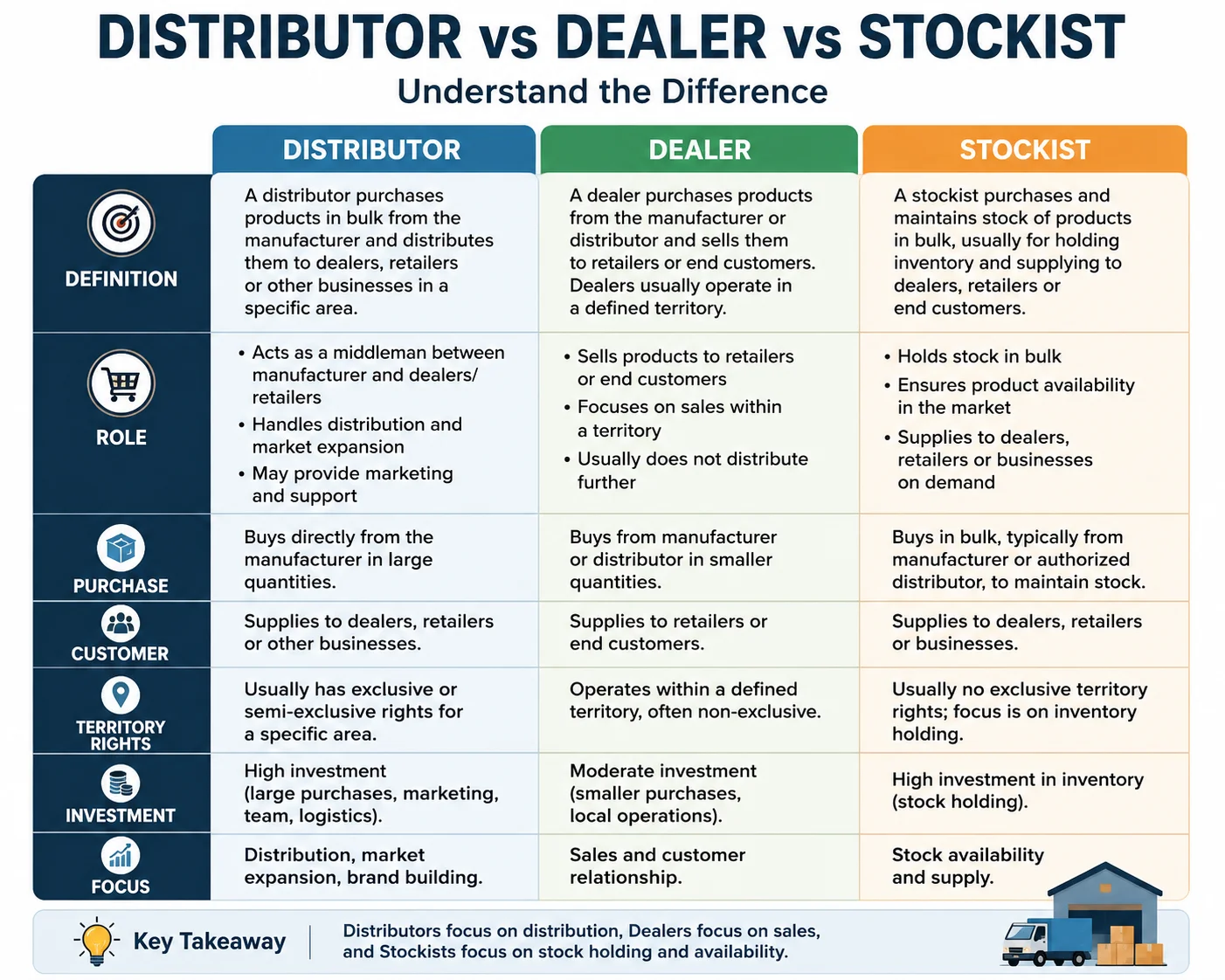 Distributor vs Dealer vs Stockist